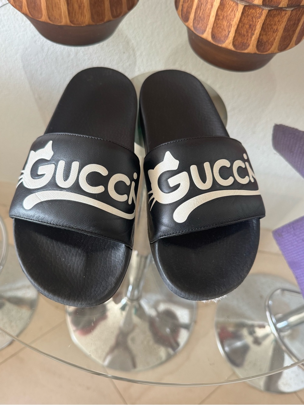 Gucci Black Slide Sandals with White Logo Graphic